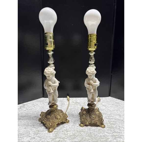 Vintage MCM Brass & Porcelain Bisque Pair Of Cherub Lamps B.M. 313 Works 13” T - Picture 2 of 9